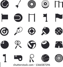 Solid vector icon set - flag flat vector, target, bowling ball, basketball, volleyball, skipping rope, parallel bars, athletic shorts, sports, tennis, table, whistle, fector, golf