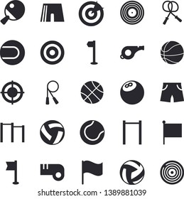 Solid vector icon set - flag flat vector, target, whistle, bowling ball, basketball, volleyball, skipping rope, parallel bars, athletic shorts, sports, tennis, table