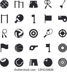 Solid vector icon set - flag flat vector, target, whistle, bowling ball, basketball, volleyball, skipping rope, parallel bars, athletic shorts, sports, tennis, table, fector, golf