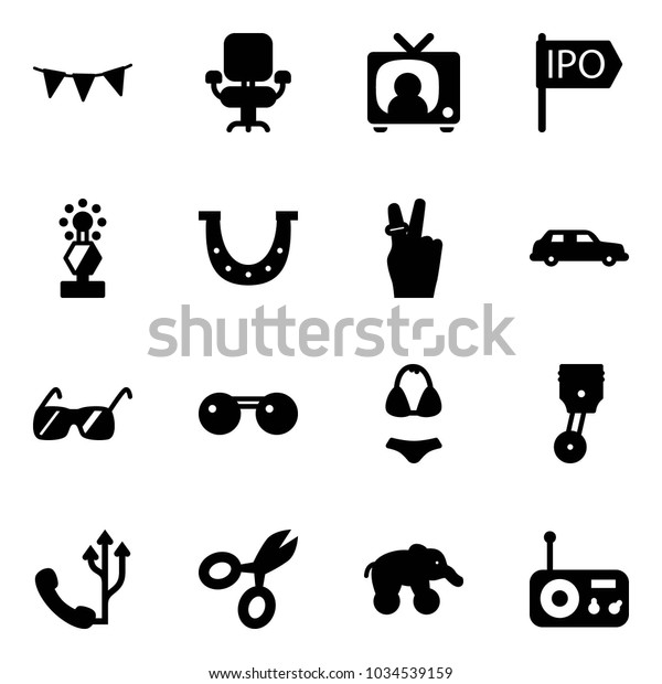 Solid vector icon
set - flag garland vector, office chair, tv news, ipo, award, luck,
victory, limousine, sunglasses, swimsuit, piston, phone, scissors,
elephant wheel, radio