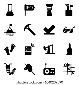 Solid vector icon set - flask vector, ipo, award, win, mountain, rock axe, check, sunglasses, feet, server wireless, oil derrick, brush, toy caterpillar, unicorn stick, radio, Tic tac toe
