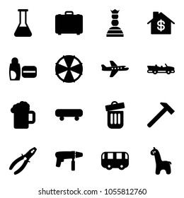 Solid vector icon set - flask vector, case, chess queen, home dollar, uv cream, parasol, plane, cabrio, beer, skateboard, trash bin, hammer, pliers, drill machine, toy bus, giraffe