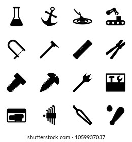 Solid vector icon set - flask vector, anchor, fishing, conveyor, fretsaw, mason hammer, level, bolt cutter, screw, wood drill, tool box, generator, allen key set, forceps, baseball bat