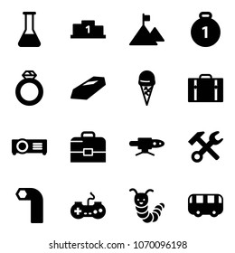 Solid vector icon set - flask vector, pedestal, mountain, gold medal, diamond ring, ice cream, suitcase, projector, case, pipe welding, wrench hammer, allen key, gamepad, toy caterpillar, bus