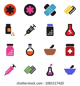 solid vector icon set - flask vector, pills vial, ambulance star, syringe, patch, bottle, blister, mortar