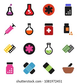 solid vector icon set - flask vector, pills vial, ambulance star, syringe, patch, bottle, blister, mortar