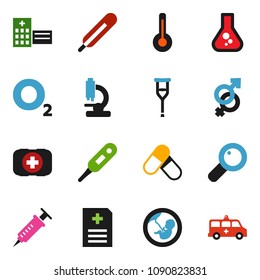 solid vector icon set - flask vector, pills, first aid kit, oxygen, thermometer, gender sign, magnifier, pregnancy, syringe, crutches, microscope, amnesics, hospital building, ambulance car