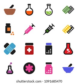 solid vector icon set - flask vector, pills vial, ambulance star, syringe, patch, bottle, blister, mortar