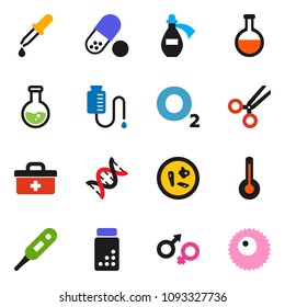 solid vector icon set - flask vector, pills vial, oxygen, doctor bag, thermometer, gender sign, dna, dropper, scissors, microbs, potion, drop counter, ovule