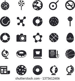 Solid vector icon set - flat vector, kitchen egg timer, cookbook, donut, lollipop, biscuit, molecules, diagram, document, moon, globe, basketball, tennis ball, disco , camera
