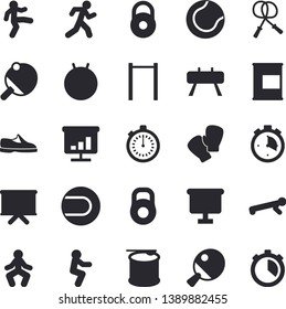 Solid vector icon set - flipchart flat vector, chart, weight, sneakers, stopwatch, skipping rope, parallel bars, sports equipment horse, tennis ball, fitball, boxing gloves, gymnastics, squats, run