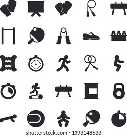 Solid vector icon set - flipchart flat vector, meeting, weight, sneakers, stopwatch, skipping rope, carpal expander, parallel bars, sports equipment horse, tennis ball, boxing gloves, Treadmill, run