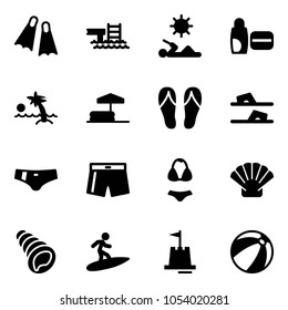 Solid vector icon set - flippers vector, pool, reading, uv cream, palm, inflatable, flip flops, swimsuit, shell, surfing, sand castle, beach ball