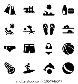 Solid vector icon set - flippers vector, pool, reading, uv cream, beach, palm, flip flops, swimsuit, ball, shell, surfing, dolphin