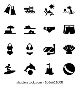 Solid vector icon set - flippers vector, pool, beach, palm, inflatable, flip flops, swimsuit, diving, shell, surfing, dolphin, sand castle, ball