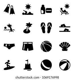 Solid vector icon set - flippers vector, reading, uv cream, beach, palm, flip flops, swimsuit, ball, shell, surfing, sand castle