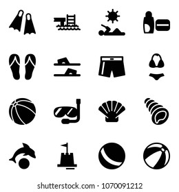 Solid vector icon set - flippers vector, pool, reading, uv cream, flip flops, swimsuit, ball, diving, shell, dolphin, sand castle, beach