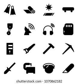 Solid vector icon set - flippers vector, mat, skateboard, piston, satellite antenna, wireless headphones, micro flash card, server, saw, hammer, axe, clinch, machine tool, protect glass, work knife