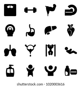 Solid vector icon set - floor scales vector, barbell, power hand, mri, stomach, liver, heart, lungs, bladder, pull ups, abdominal muscles, liquid soap, success, uv cream