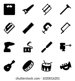 Solid vector icon set - floor scales vector, saw, bucksaw, mason hammer, trowel, level, clamp, metal hacksaw, drill, welding, rasp, laser lever, guitar, tambourine, drum, horn toy