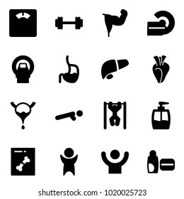 Solid vector icon set - floor scales vector, barbell, power hand, mri, stomach, liver, heart, bladder, push ups, pull, liquid soap, x ray, success, uv cream