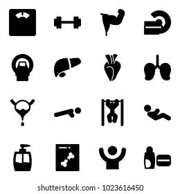 Solid vector icon set - floor scales vector, barbell, power hand, mri, liver, heart, lungs, bladder, push ups, pull, abdominal muscles, liquid soap, x ray, success, uv cream