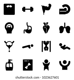 Solid vector icon set - floor scales vector, barbell, power hand, mri, stomach, heart, lungs, bladder, push ups, pull, abdominal muscles, liquid soap, x ray, success