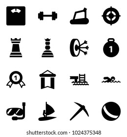 Solid vector icon set - floor scales vector, barbell, treadmill, target, chess tower, queen, solution, gold medal, pennant, pool, swimming, diving, windsurfing, axe, ball