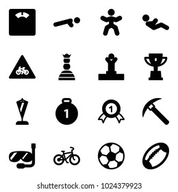 Solid vector icon set - floor scales vector, push ups, gymnastics, abdominal muscles, road for moto sign, chess queen, winner, win cup, pennant, gold medal, rock axe, diving, bike, soccer ball
