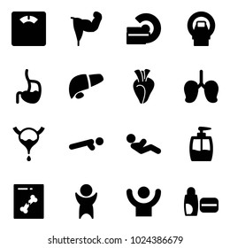 Solid vector icon set - floor scales vector, power hand, mri, stomach, liver, heart, lungs, bladder, push ups, abdominal muscles, liquid soap, x ray, success, uv cream