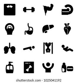 Solid vector icon set - floor scales vector, barbell, power hand, mri, stomach, liver, heart, lungs, push ups, pull, abdominal muscles, liquid soap, x ray, success, uv cream