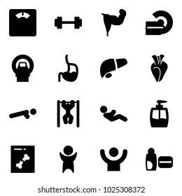 Solid vector icon set - floor scales vector, barbell, power hand, mri, stomach, liver, heart, push ups, pull, abdominal muscles, liquid soap, x ray, success, uv cream