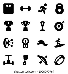 Solid vector icon set - floor scales vector, barbell, run, weight, cup, win, pennant, target, solution, gold medal, cap, surfing, gyroscope, piston, bow, football