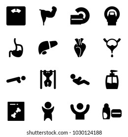 Solid vector icon set - floor scales vector, power hand, mri, stomach, liver, heart, bladder, push ups, pull, abdominal muscles, liquid soap, x ray, success, uv cream
