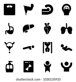Solid vector icon set - floor scales vector, power hand, mri, stomach, liver, heart, lungs, bladder, push ups, pull, abdominal muscles, liquid soap, x ray, success