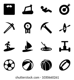 Solid vector icon set - floor scales vector, treadmill, abdominal muscles, target, job, gold medal, rock axe, kayak, surfing, windsurfing, fishing, gyroscope, soccer ball, beach, basketball