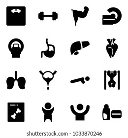 Solid vector icon set - floor scales vector, barbell, power hand, mri, stomach, liver, heart, lungs, bladder, push ups, pull, x ray, success, uv cream