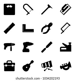 Solid vector icon set - floor scales vector, fretsaw, mason hammer, trowel, level, corner ruler, side cutters, metal hacksaw, drill machine, rasp, stapler, tool box, guitar, xylophone, horn toy