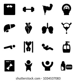 Solid vector icon set - floor scales vector, barbell, power hand, mri, liver, heart, lungs, bladder, push ups, pull, abdominal muscles, liquid soap, x ray, success, uv cream