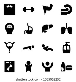 Solid vector icon set - floor scales vector, barbell, power hand, mri, stomach, liver, lungs, bladder, push ups, abdominal muscles, liquid soap, x ray, success, uv cream