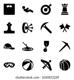 Solid vector icon set - floor scales vector, abdominal muscles, target, chess tower, winner, solution, rock axe, flags cross, cap, fishing, piston, protective glasses, beach ball, bow, basketball