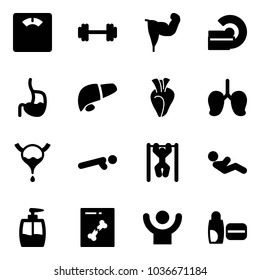 Solid vector icon set - floor scales vector, barbell, power hand, mri, stomach, liver, heart, lungs, bladder, push ups, pull, abdominal muscles, liquid soap, x ray, success, uv cream