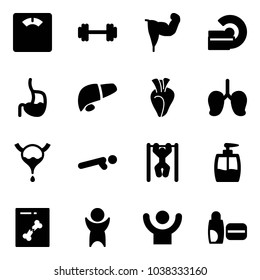 Solid vector icon set - floor scales vector, barbell, power hand, mri, stomach, liver, heart, lungs, bladder, push ups, pull, liquid soap, x ray, success, uv cream