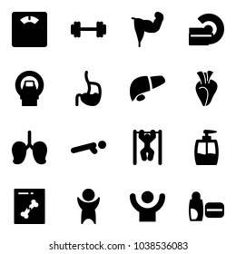Solid vector icon set - floor scales vector, barbell, power hand, mri, stomach, liver, heart, lungs, push ups, pull, liquid soap, x ray, success, uv cream