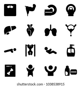 Solid vector icon set - floor scales vector, power hand, mri, liver, heart, lungs, bladder, push ups, pull, abdominal muscles, liquid soap, x ray, success, uv cream