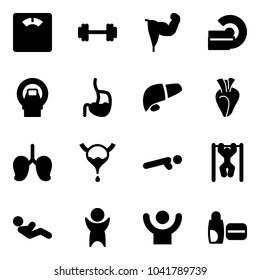 Solid vector icon set - floor scales vector, barbell, power hand, mri, stomach, liver, heart, lungs, bladder, push ups, pull, abdominal muscles, success, uv cream