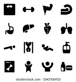 Solid vector icon set - floor scales vector, barbell, power hand, mri, stomach, liver, heart, lungs, push ups, pull, abdominal muscles, liquid soap, x ray, success, uv cream
