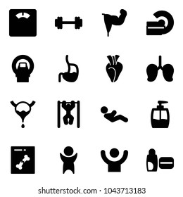 Solid vector icon set - floor scales vector, barbell, power hand, mri, stomach, heart, lungs, bladder, pull ups, abdominal muscles, liquid soap, x ray, success, uv cream