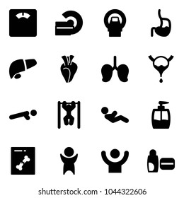 Solid vector icon set - floor scales vector, mri, stomach, liver, heart, lungs, bladder, push ups, pull, abdominal muscles, liquid soap, x ray, success, uv cream
