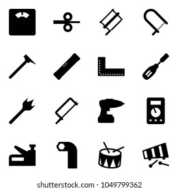 Solid vector icon set - floor scales vector, steel rolling, bucksaw, fretsaw, mason hammer, level, corner ruler, chisel, wood drill, metal hacksaw, multimeter, stapler, allen key, drum, xylophone